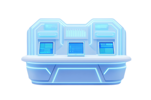 A futuristic console with glowing screens and a sleek design, featuring multiple display panels and illuminated accents. png