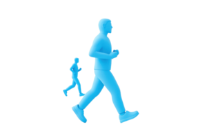 Two stylized figures in blue are depicted in motion, one walking briskly while the other jogs, showcasing dynamic movement. png