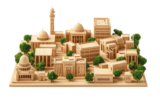 A detailed architectural model featuring various buildings, domes, and trees, showcasing intricate designs and structures in a miniature layout. png