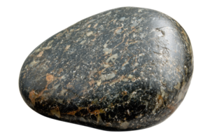 A smooth, oval stone featuring a blend of dark colors and a speckled texture, showcasing natural minerals and patterns. png
