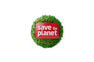 A green, spherical design with the message save the planet prominently displayed in bold red letters. png