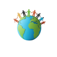 A colorful globe surrounded by diverse figures holding hands, symbolizing global unity and cooperation. png