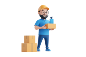 A cheerful delivery man holds a box and a gift, surrounded by stacked parcels, showcasing his role in logistics and shipping. png