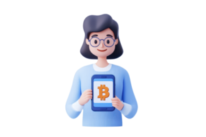 A cheerful character holds a tablet displaying a Bitcoin symbol, representing cryptocurrency and digital finance. png