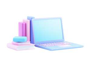 A pastel-colored laptop is positioned alongside stacked books and a bar of soap, creating a visually appealing study or workspace setup. png