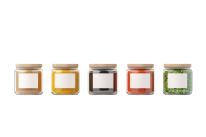 Five glass jars filled with various colorful ingredients, each topped with a wooden lid and a blank label for customization. png