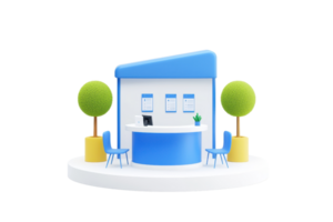 A modern reception desk surrounded by colorful chairs and decorative trees, creating a welcoming atmosphere. png