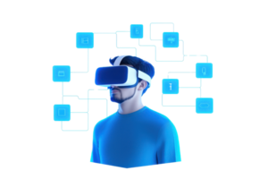 A man wearing a virtual reality headset engages with digital interfaces, showcasing advanced technology and immersive experiences. png
