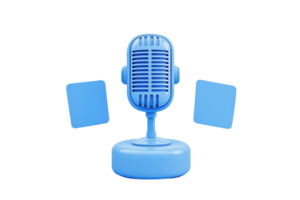 A vibrant blue microphone stands on a round base, flanked by two square objects, showcasing a retro design. png