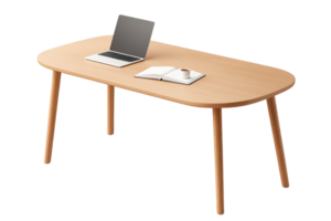 A modern wooden table with slender legs, featuring a laptop and an open notebook on its surface. png