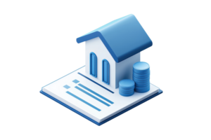 A stylized house icon with financial documents and coins, representing real estate and investment. png