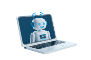 A friendly robot character displayed on a laptop screen, featuring blue accents and a cheerful expression. png