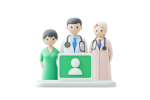 Three medical professionals are depicted in a stylized manner, standing beside a digital interface representing patient interaction. png