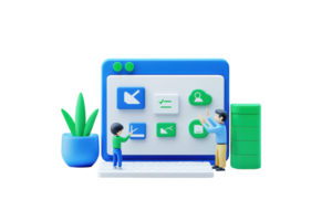 A digital interface featuring icons, a plant, and two figures interacting with the screen, representing collaboration and technology. png
