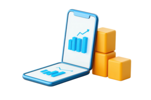 A digital device displaying growth charts alongside colorful blocks symbolizing data analytics and business insights. png