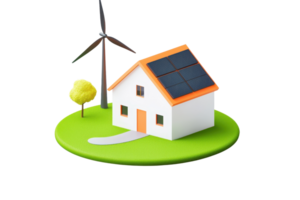 A modern house equipped with solar panels, surrounded by a tree and a wind turbine, highlighting sustainability and eco-friendliness. png