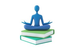 A blue figure in a meditative pose sits atop stacked books, symbolizing the union of mindfulness and knowledge. png