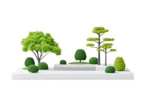 A stylized arrangement of vibrant green trees and shrubs on a flat surface, showcasing various shapes and sizes. png
