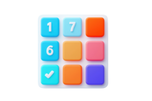 A colorful number pad featuring numbers 1, 6, and 7, along with several empty buttons and a checkmark symbol. png