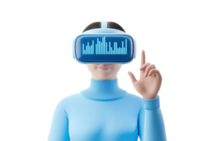 A person wearing a virtual reality headset, gesturing with one hand while displaying graphical data on the headset screen. png