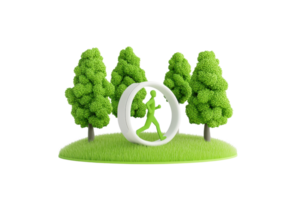A green figure walking through a circular frame, surrounded by lush trees and grass, symbolizing fitness and nature. png