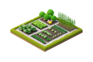 A vibrant garden plot featuring various vegetables, fruits, and greenery arranged in organized sections. png