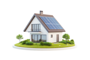 A modern house with solar panels, surrounded by lush greenery and featuring large windows. png