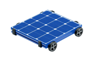 A blue solar panel device with wheels, featuring a grid of solar cells designed for mobility and energy capture. png