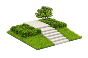 A landscaped area featuring stone steps leading to a platform surrounded by lush grass and vibrant greenery. png