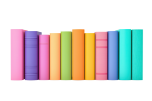 A vibrant collection of books in various colors, arranged neatly in a row. png