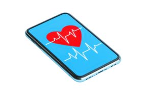 A smartphone displaying a heart rate monitor graphic with a red heart and white pulse lines on a blue background. png