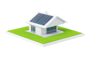 A modern house with solar panels, surrounded by green grass, showcasing eco-friendly architecture and design. png
