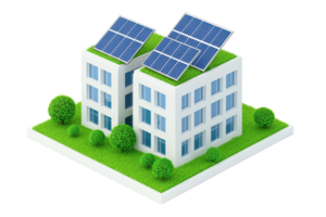 Two modern buildings featuring green roofs adorned with solar panels and surrounded by lush vegetation. png