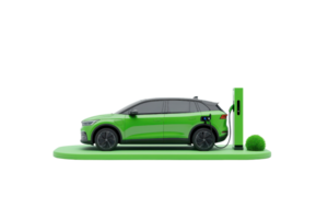 A sleek green electric vehicle charging at a station, showcasing modern design and eco-friendly technology. png