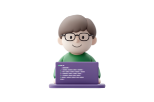 A cheerful character with glasses sitting in front of a laptop displaying code, wearing a green sweater. png