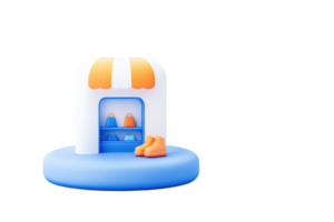 A colorful shoe store with a rounded structure, featuring a window display and orange shoes outside. png