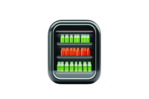 A modern refrigerator displaying various bottles in vibrant colors, arranged neatly on multiple shelves. png