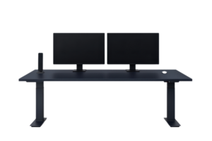 A sleek standing desk equipped with dual monitors, designed for ergonomic workspaces and modern aesthetics. png
