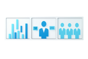 A series of icons representing data analysis, a person in a suit, and a group of professionals. png