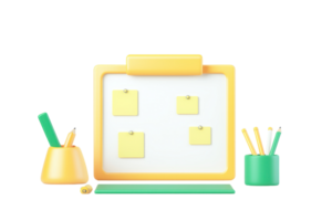 A colorful desk organizer featuring a notepad, sticky notes, a pen holder, and various writing tools. png