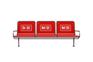 A bench with three seats featuring contrasting signs one instructing to sit and two indicating not to sit. png