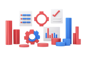 Colorful geometric shapes and data visualizations representing analytics and statistics. png