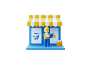 A colorful miniature shop featuring a worker holding a package, with shopping cart graphics on the windows. png