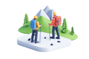 Two hikers in colorful gear stand on a snowy terrain, surrounded by mountains and trees, ready for an outdoor adventure. png