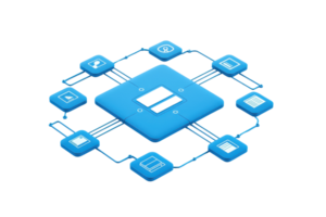 A central blue symbol is connected to various iconographic elements, representing a digital network or interface. png