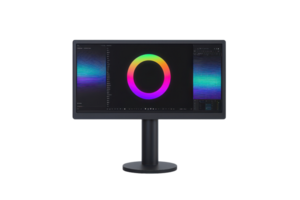 A modern monitor displaying vibrant color visuals and sound wave patterns. png