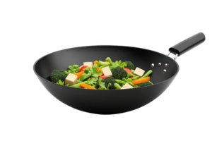 A vibrant stir-fry of vegetables and tofu in a black wok, showcasing fresh ingredients and colorful presentation. png