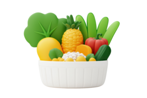 A colorful assortment of fruits and vegetables displayed in a white bowl, showcasing vibrant textures and shapes. png