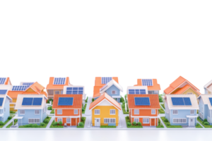 A row of colorful model houses featuring solar panels, representing sustainable living and eco friendly architecture against a transparent background. png