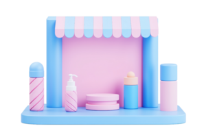 A colorful display featuring various cosmetic bottles and containers on a playful, stylized stand with a striped awning. png